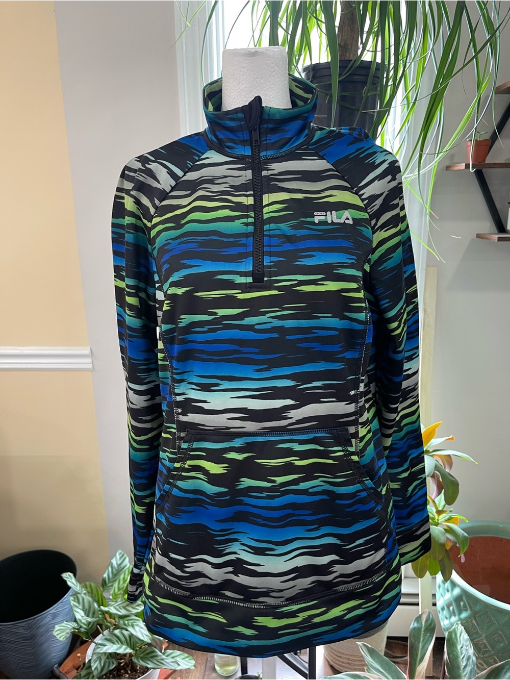 FILA Blue & Green Patterned Quarter-Zip Pullover size L